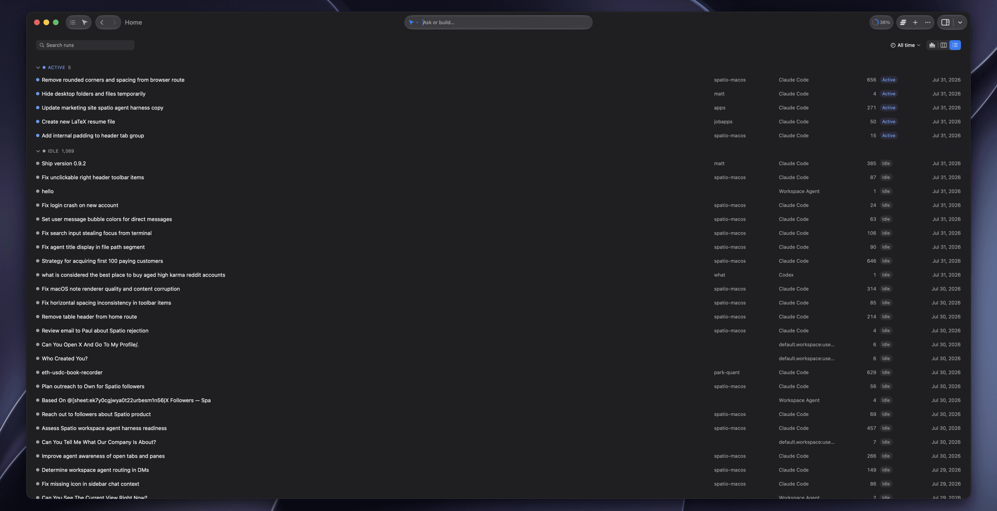 The Spatio home view: every agent run across the workspace in one sortable table, grouped into Active and Idle, with the repo, driving agent, turn count and date on each row.