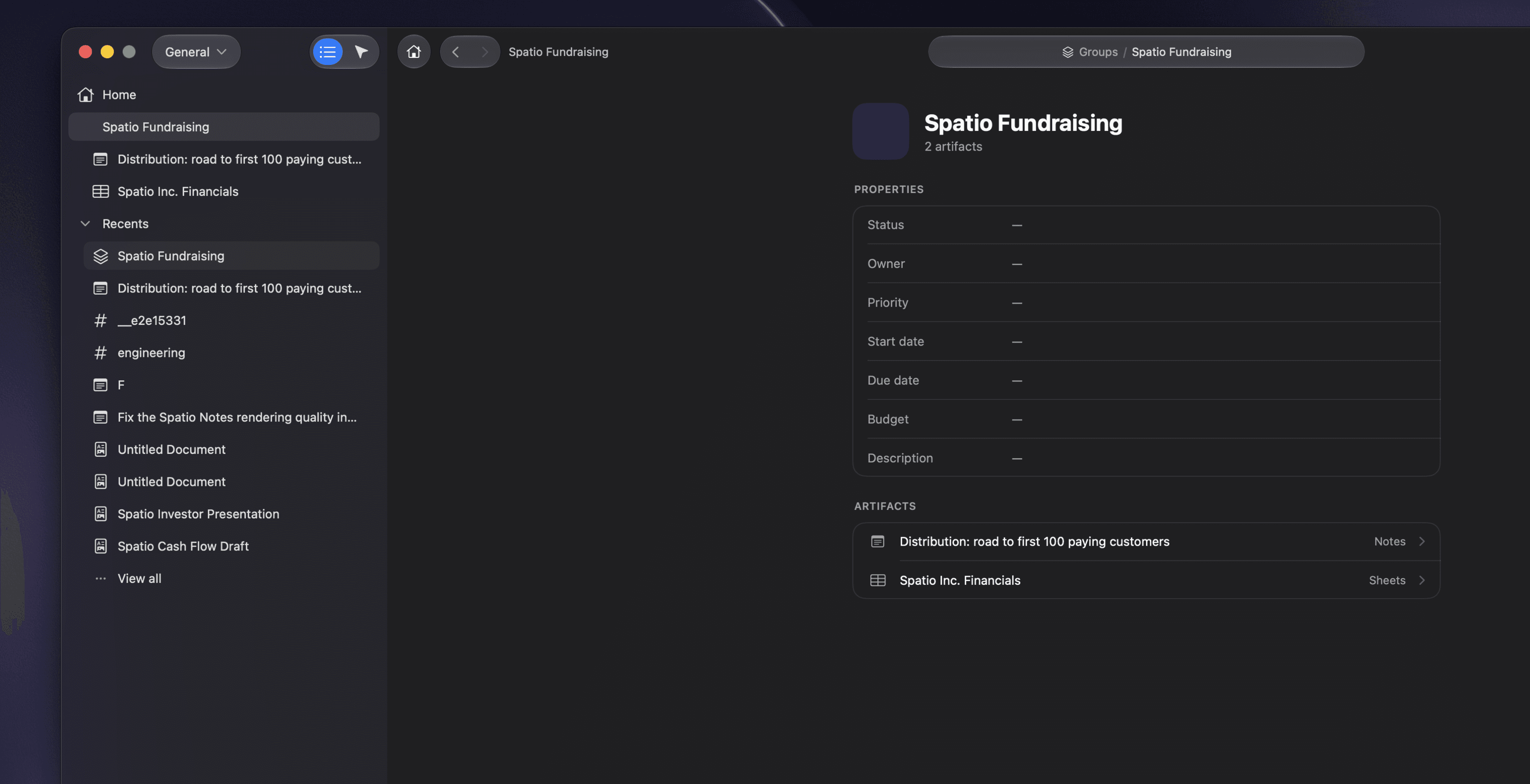 The Spatio left sidebar with a group called Spatio Fundraising expanded to show the two artifacts nested inside it, a note and a sheet, beside the group detail listing its property schema of status, owner, priority, dates and budget.