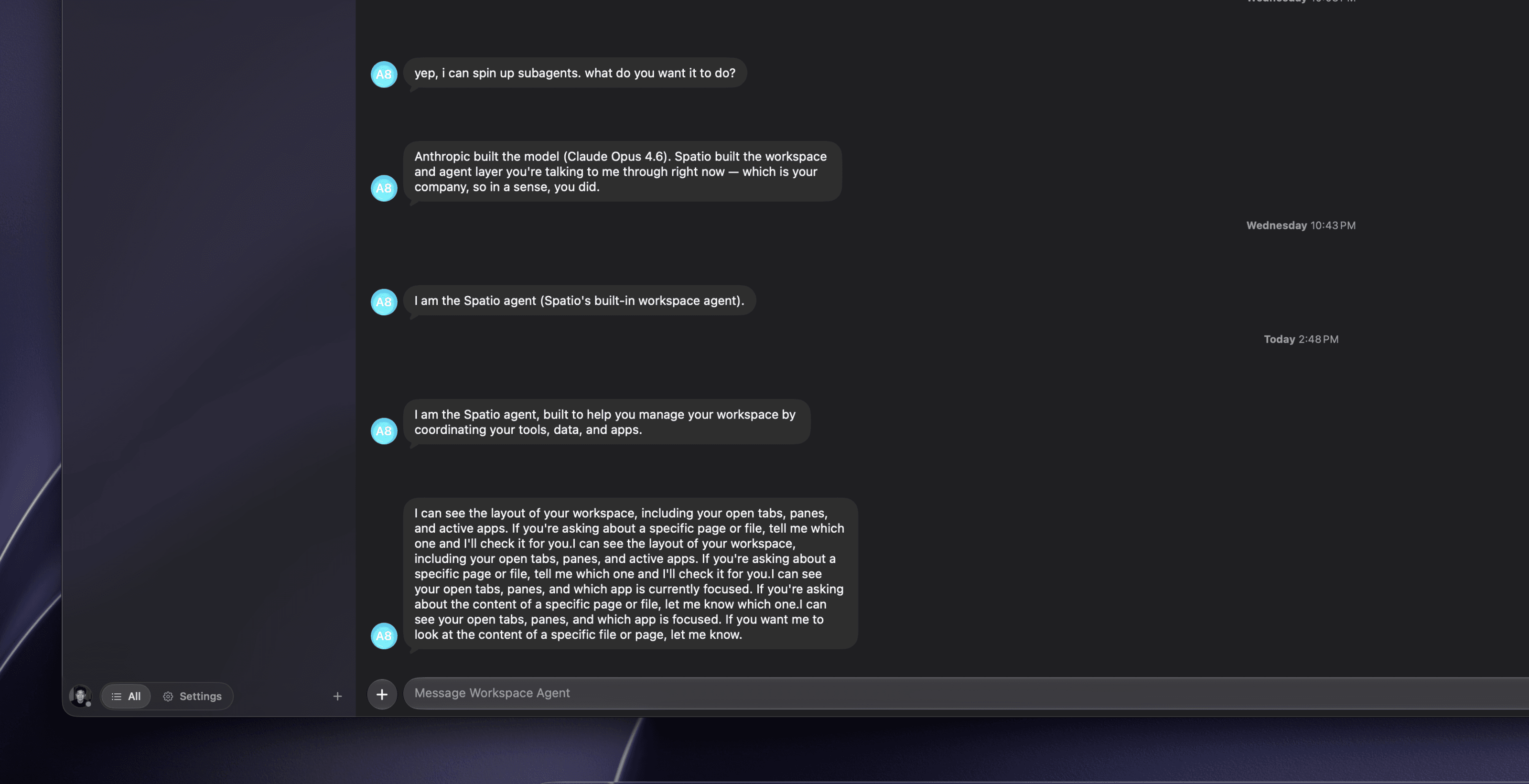 A direct-message thread with the Spatio Workspace Agent, in which it explains that it can see the layout of the workspace — the open tabs, panes and active apps — and will check any specific page or file on request, with the message composer below.