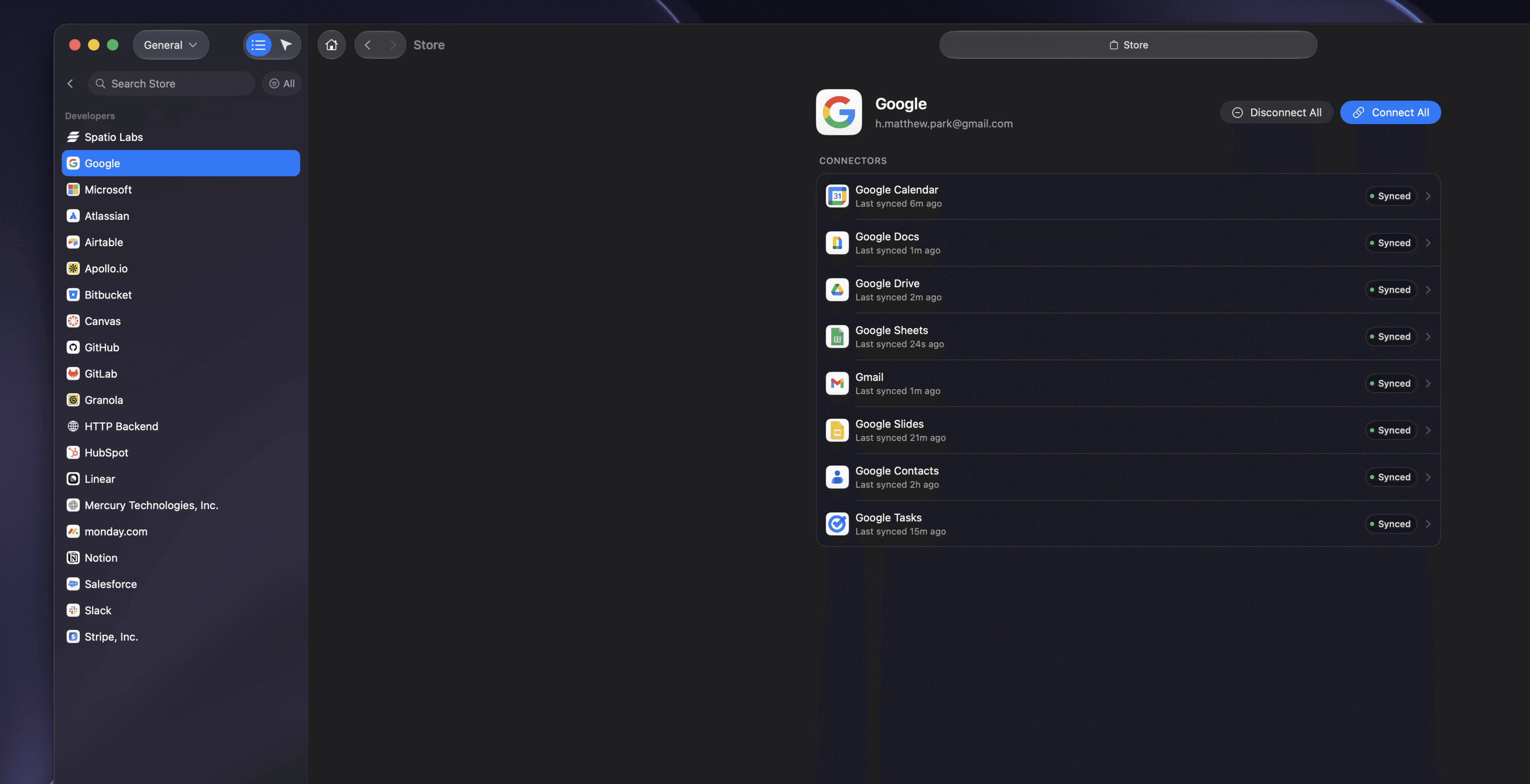 The Spatio Store with a developer list down the left — Spatio Labs, Google, Microsoft, Atlassian, Airtable, Bitbucket, GitHub, GitLab, Granola, HubSpot, Linear, monday.com, Notion, Salesforce, Slack, Stripe and more — and Google selected, showing its eight connectors: Calendar, Docs, Drive, Sheets, Gmail, Slides, Contacts and Tasks, each marked Synced with how long ago it last ran.